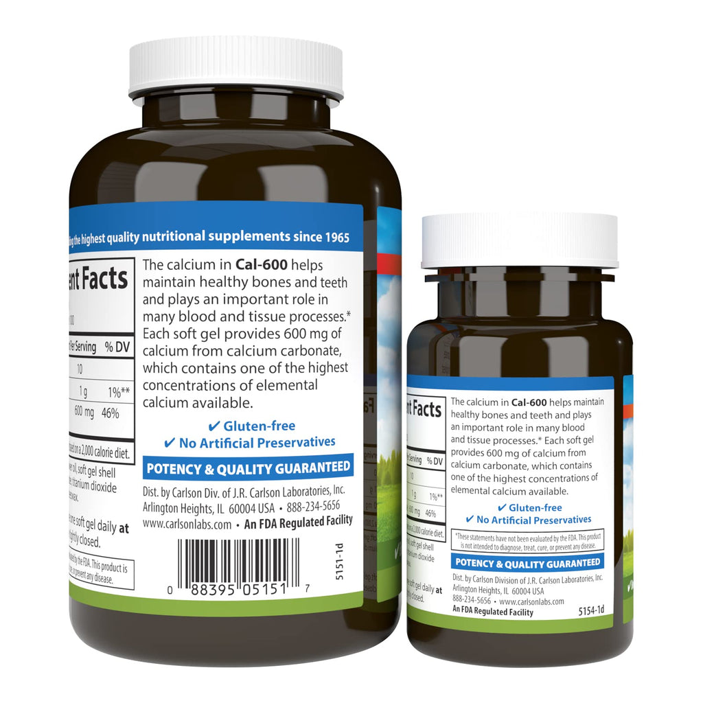 Carlson Cal-600, 600 mg, Calcium, Liquid Filled, 100 + 30 Softgels