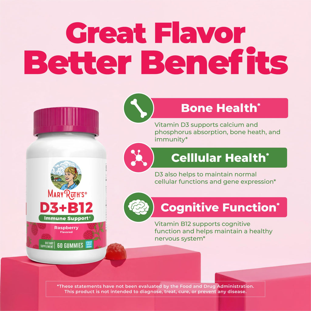 MARYRUTH'S Vitamin D3 + B12 Gummies for Ages 4+, Sugar Free, 60 Servings
