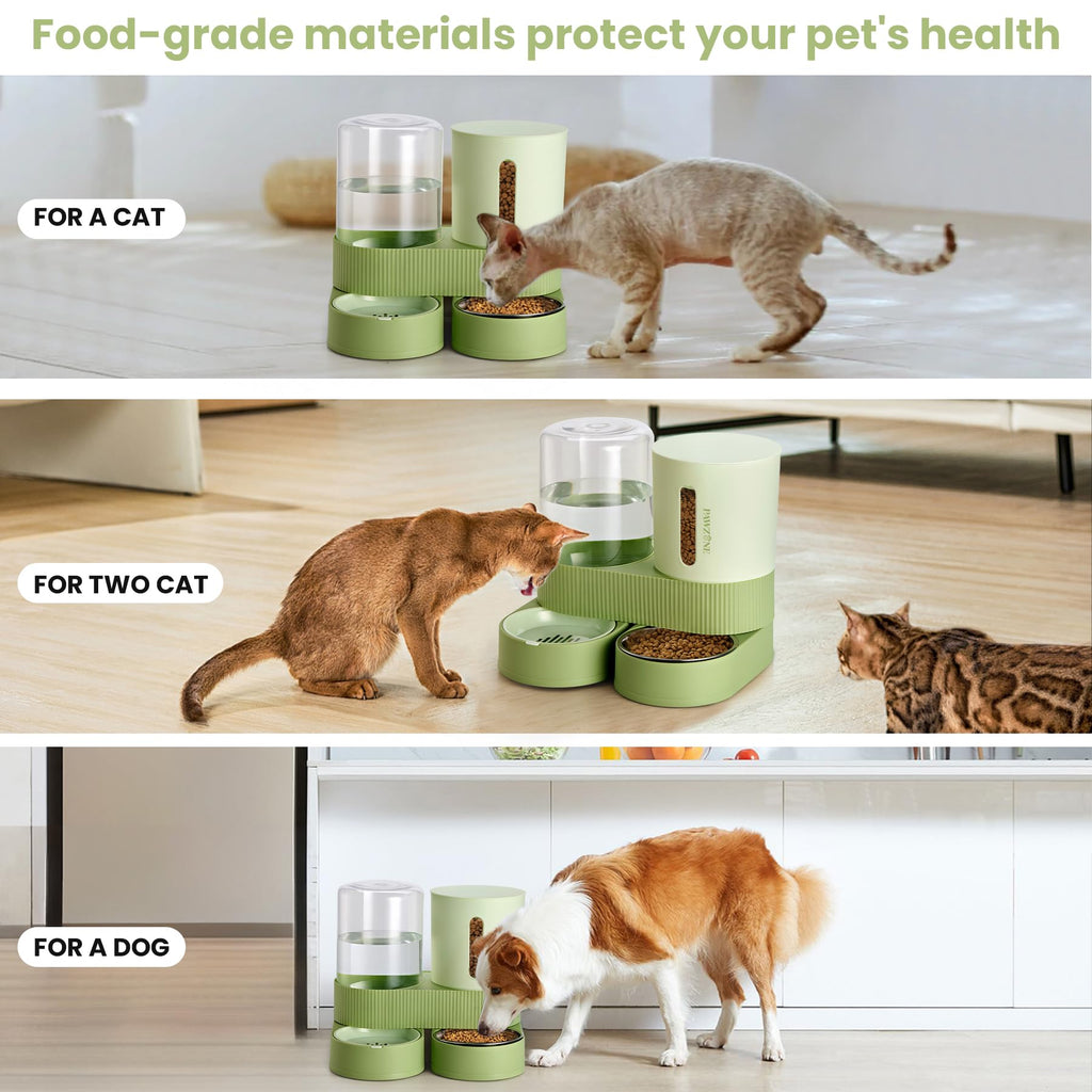 Automatic Cat Feeder Stainless Steel Water Dispenser Gravity Food Feeder and Waterer Set with Pet Food Bowl for Small Medium Kitten Puppy Pets Large Capacity(Green)