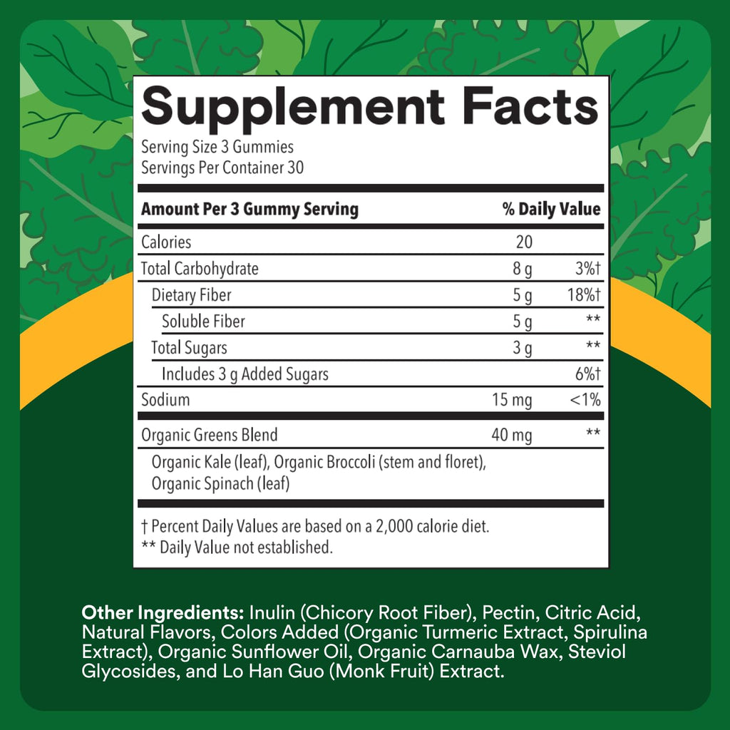 SmartyPants Fiber & Super Greens Gummies, Broccoli, Spinach, & Kale Blend to Support Gut Health, Prebiotic Fiber Gummies for Adults, Gluten Free, White Grape & Apple Flavor, 90 Count (30 Day Supply)