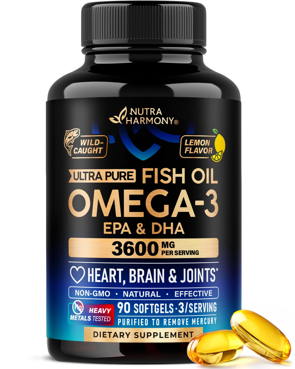 Omega 3 Fish Oil 3600 mg - Omega 3 Supplement | EPA & DHA - Heavy Metals Tested - Heart, Brain & Joint Support - Purified Fish Oil for Men & Women - Lab Tested - Lemon Flavored - 90 Softgels