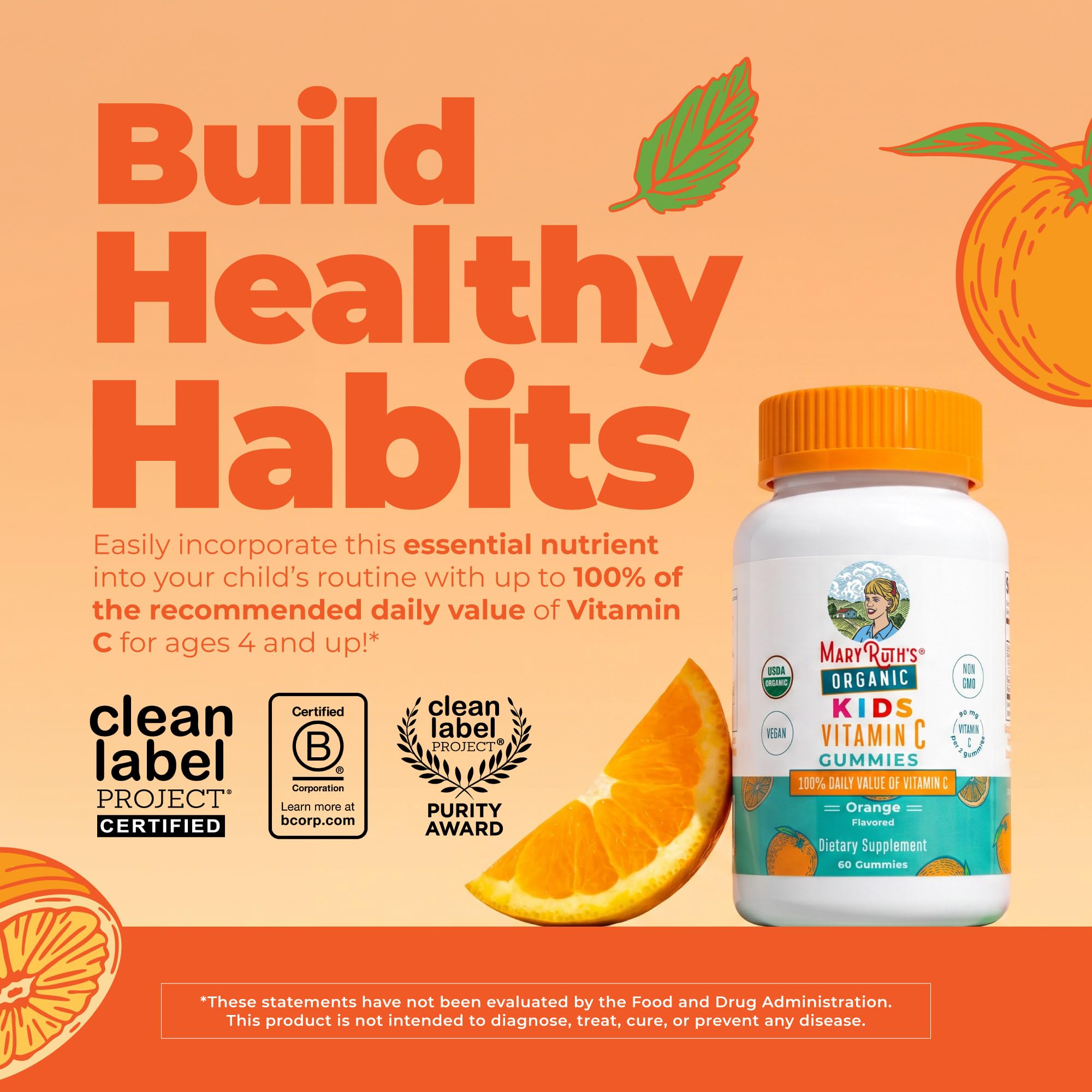 MARYRUTH'S Kids Vitamin C Gummies, 60 Servings, Immune Support Supplement