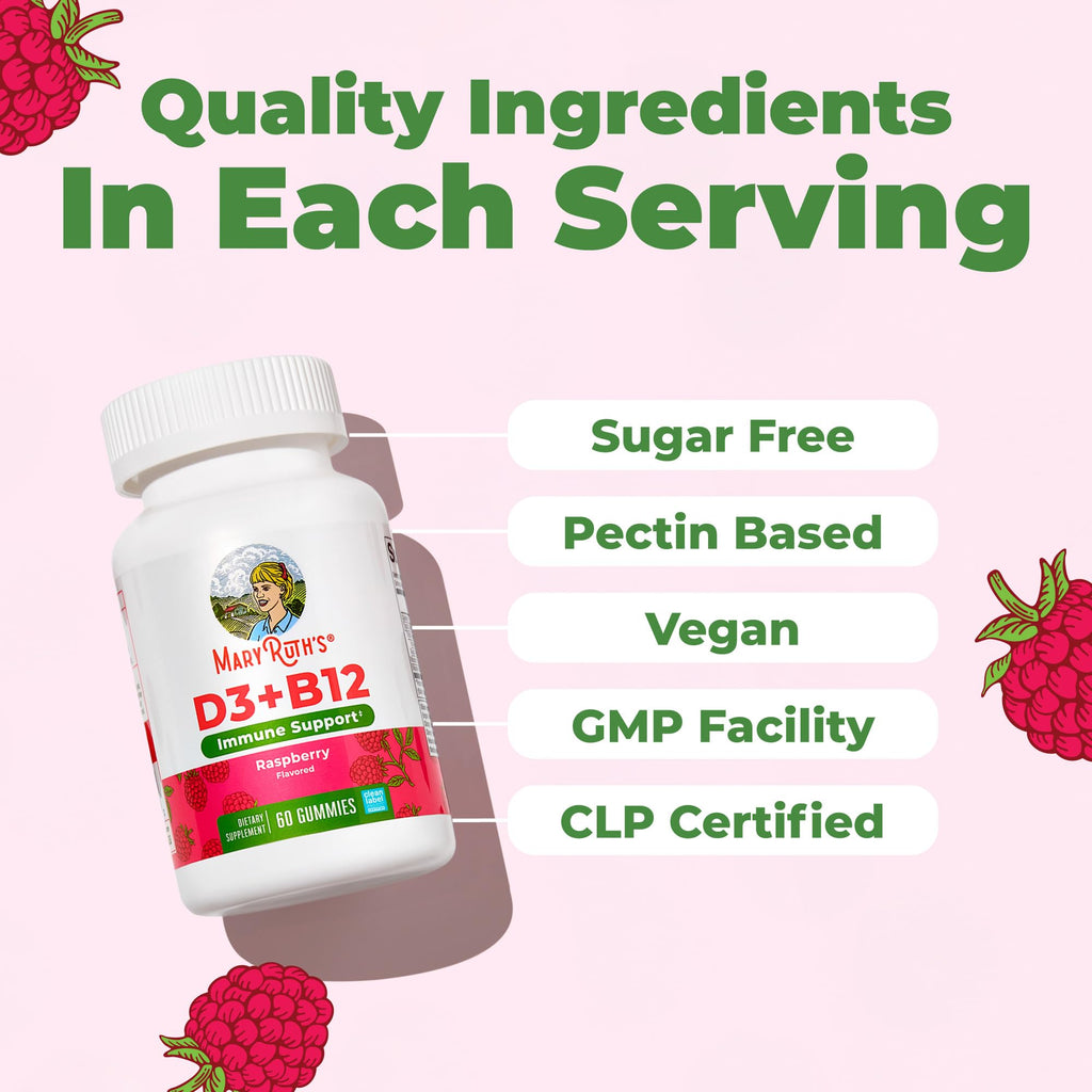 MARYRUTH'S Vitamin D3 + B12 Gummies for Ages 4+, Sugar Free, 60 Servings