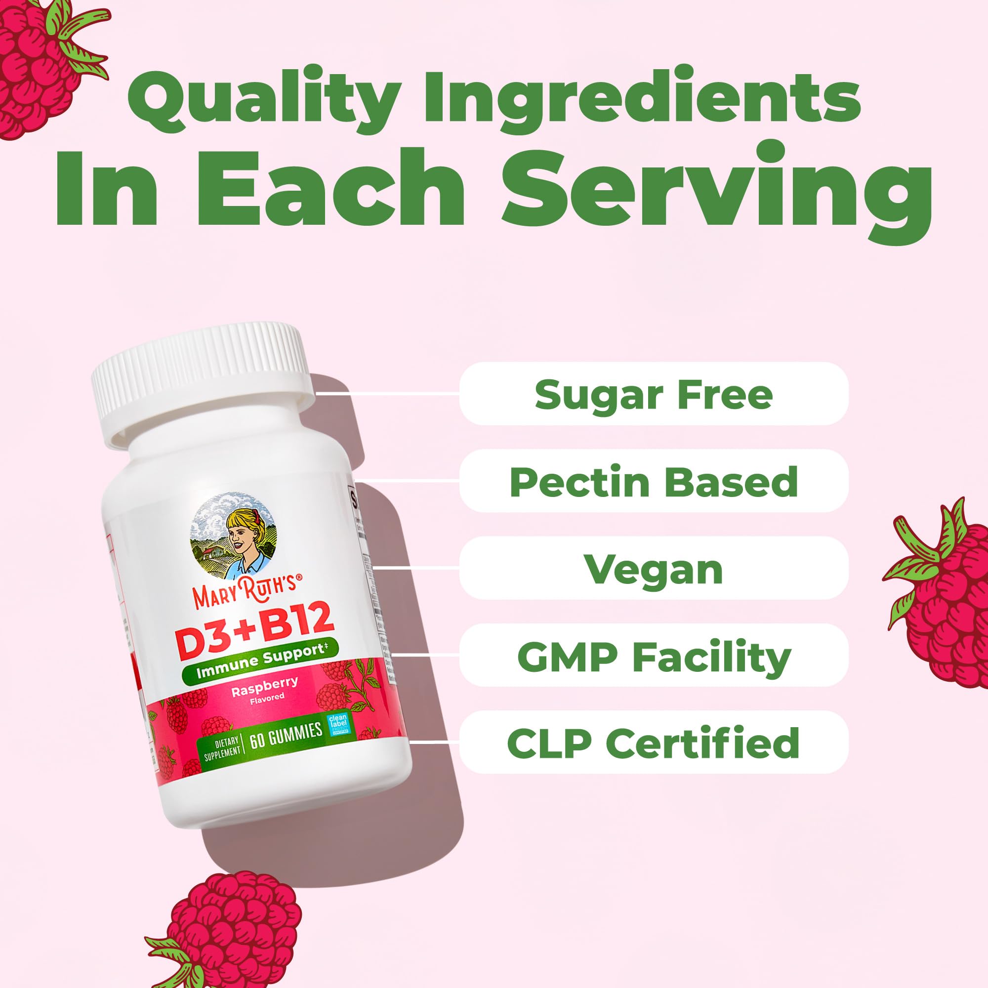MARYRUTH'S Vitamin D3 + B12 Gummies for Ages 4+, Sugar Free, 60 Servings
