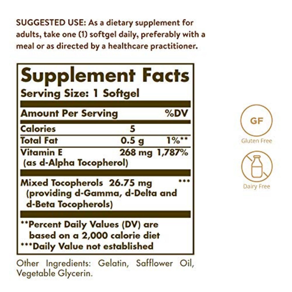 Solgar Vitamin E 268 MG (400 IU) (d-Alpha Tocopherol&Mixed Tocopherols),100 Softgels-Supports Immune System&Skin Nutrition-Natural Antioxidant-Gluten Free,Dairy Free-100 Servings,(Pack of 2)
