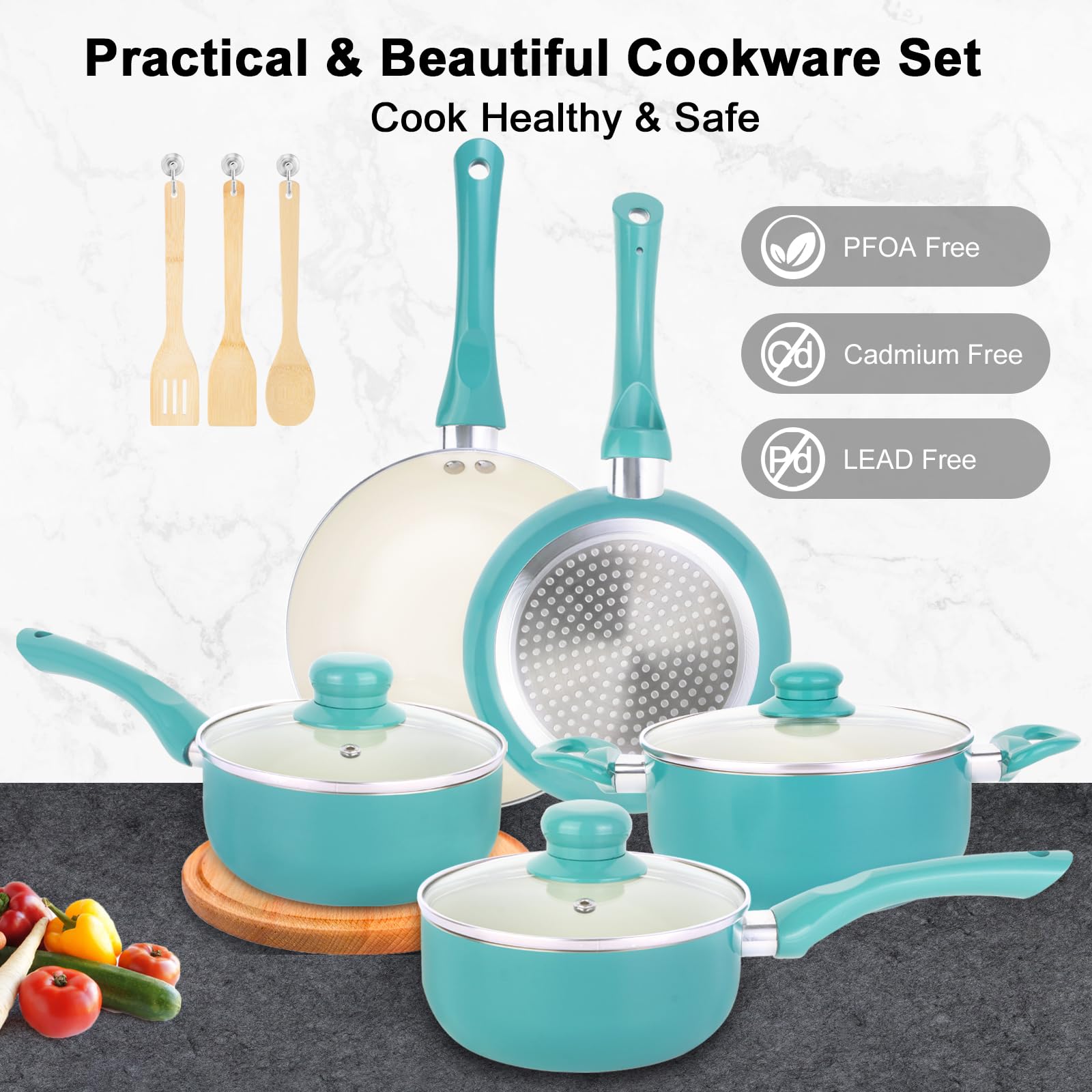 M MELENTA Pots and Pans Set Non Stick, 11pcs Turquoise Ceramic Cookware Set