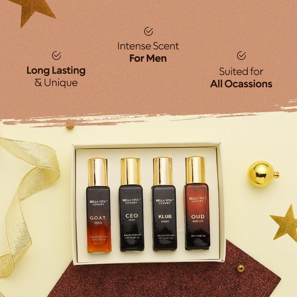 Bella Vita Organic Man Luxury Perfume Gift Set 4x20 ML for Men with Dominus, Oud, CEO, Impact Perfume|Woody, Citrusy Long Lasting EDP & EDC Fragrance Scent |80 ML