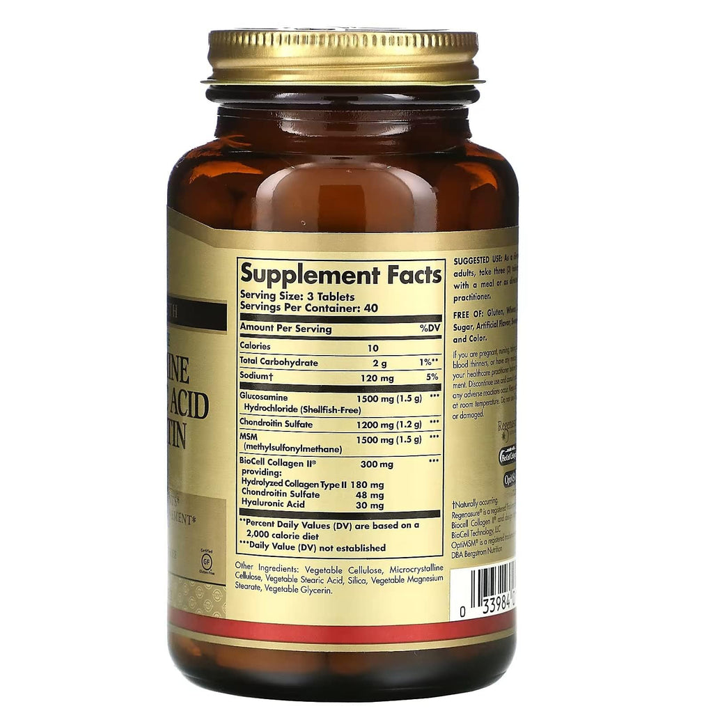 Solgar Glucosamine Hyaluronic Acid Chondroitin MSM, 120 Tablets - Supports Healthy Joints - Supports Range of Motion & Flexibility - Extra Strength, Shellfish Free - Non-GMO, Gluten Free - 40 Servings
