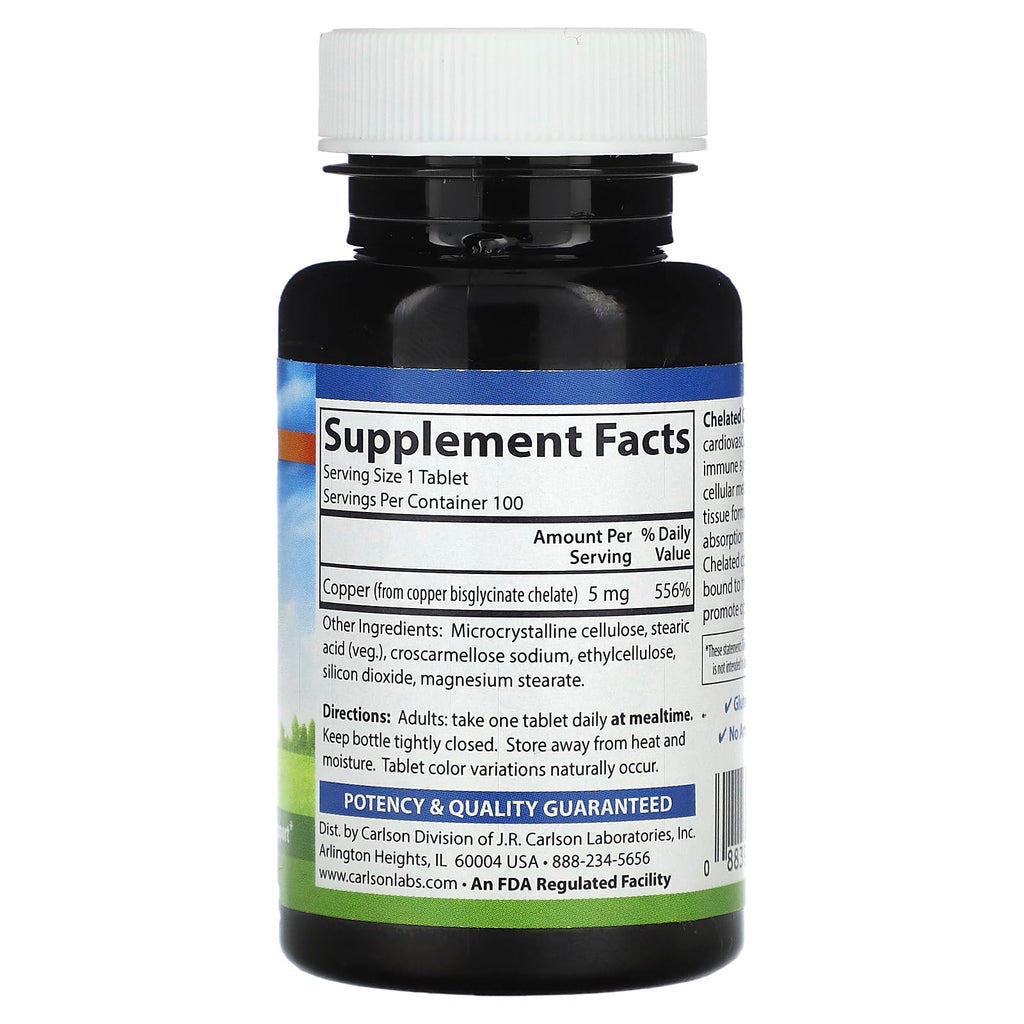 Carlson Chelated Copper, 5 mg, Superior Absorption, 100 Tablets