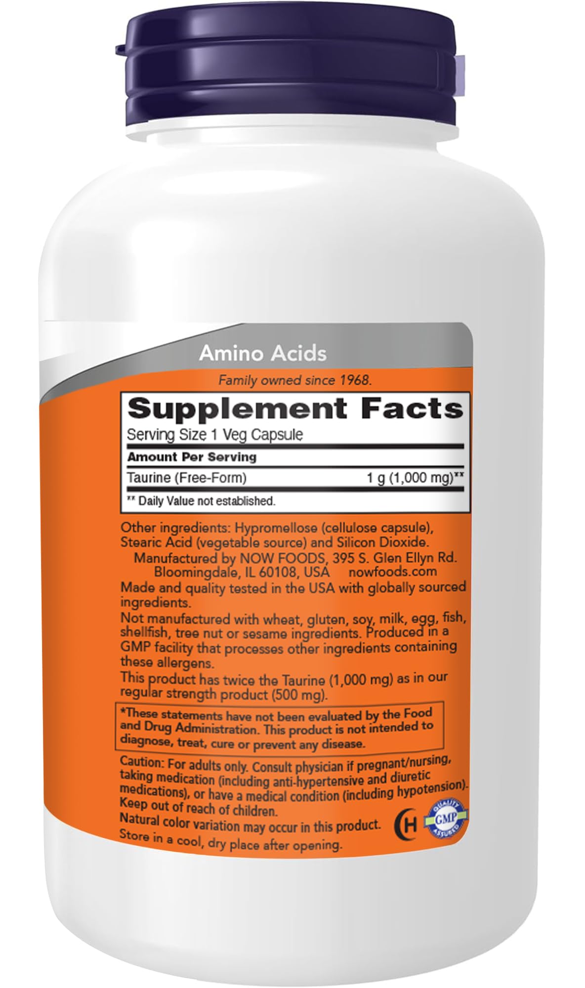 NOW Foods Supplements, Taurine 1,000 mg, Double Strength, Nervous System Health*, 200 Veg Capsules