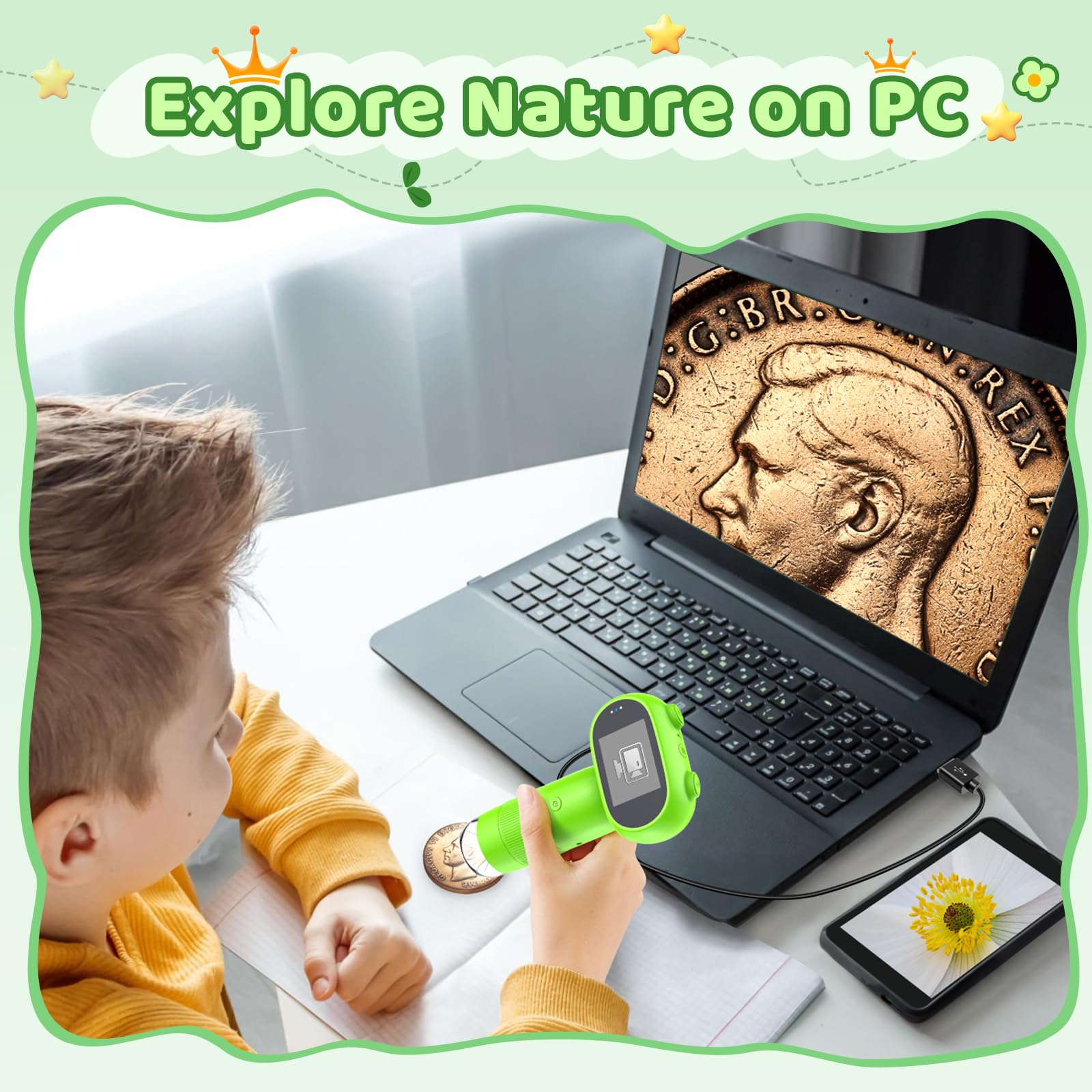 Leipan Pocket Microscope for Kids, 2'' IPS 1080P Magnifier with Light