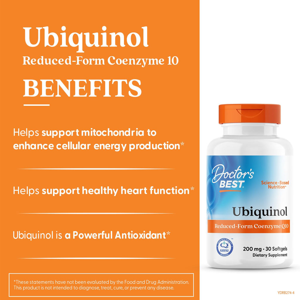 Doctor's Best Kaneka Ubiquinol 200 mg Supplement for Men & Women - Reduced Form CoQ10, Coenzyme Q10 200mg for Antioxidants & Heart Health Support, Non GMO, Gluten Free, Soy Free - 30 Softgels