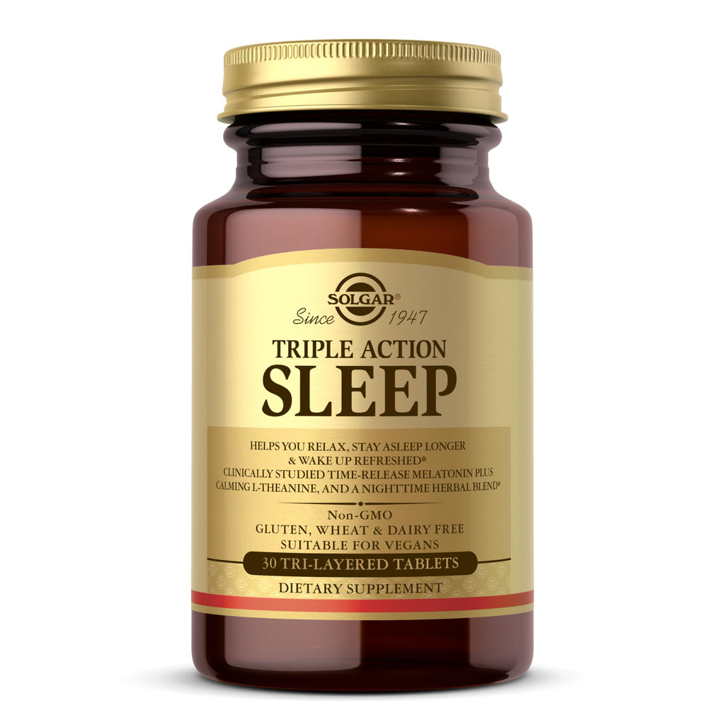 Solgar Triple Action Sleep, 30 Tri-Layer Tablets - Time-Release Melatonin & L-Theanine Plus Herbal Blend - Helps You Relax, Fall Asleep Fast & Stay Asleep Longer - Non-GMO, Gluten Free - 30 Servings