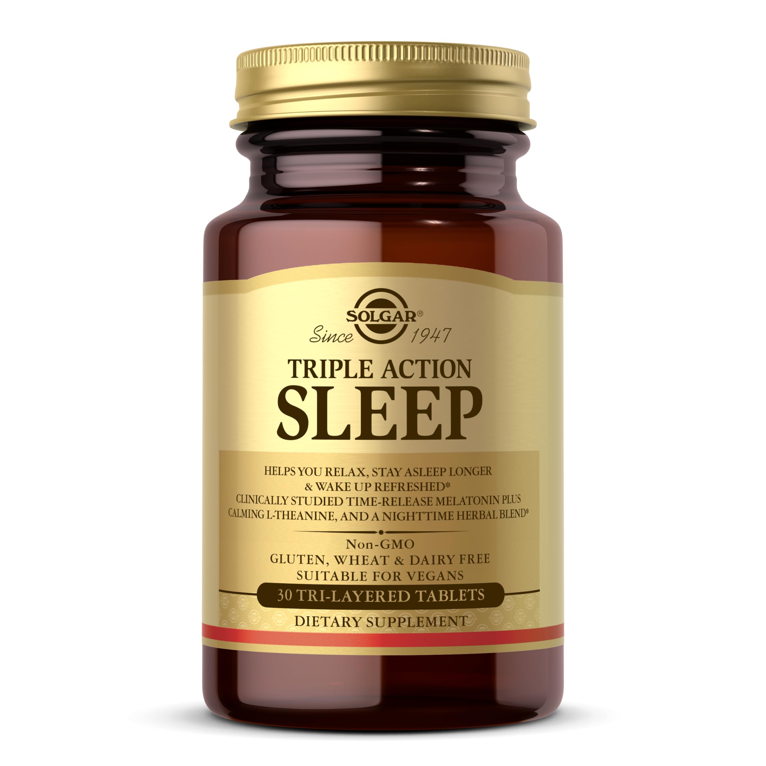 Solgar Triple Action Sleep, 30 Tri-Layer Tablets - Time-Release Melatonin & L-Theanine Plus Herbal Blend - Helps You Relax, Fall Asleep Fast & Stay Asleep Longer - Non-GMO, Gluten Free - 30 Servings