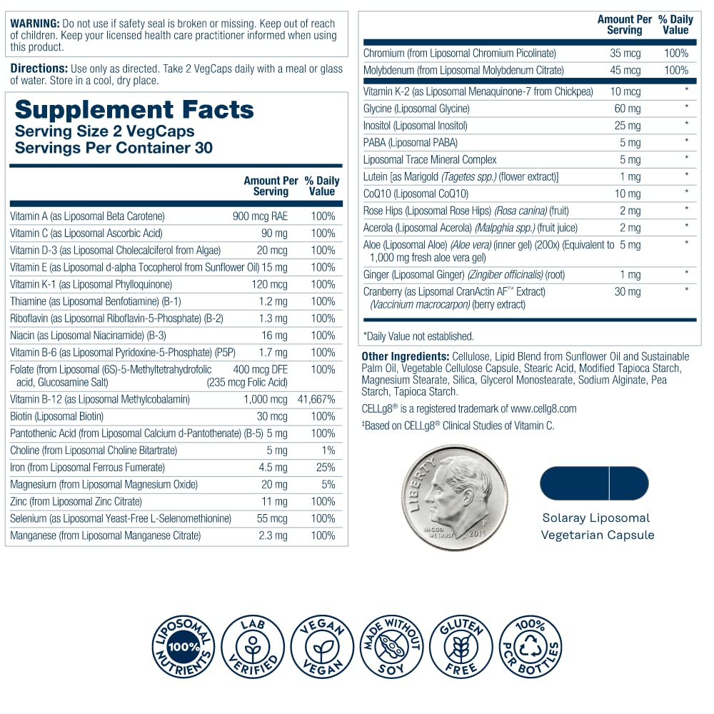SOLARAY Liposomal Multivitamin for Women 50 Plus, Enhanced Absorption with Iron, Vitamin D, Vitamin C, B12, Biotin & More, Immune Support & Bone Health, Vegan, 30 Servings, 60 VegCaps