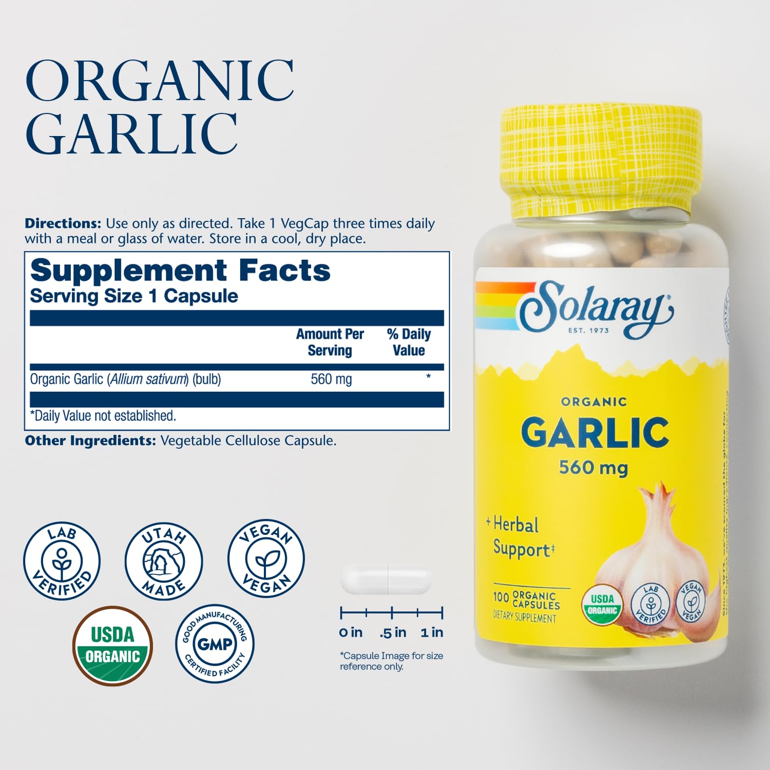 SOLARAY Organic Garlic 560 mg, 100 VegCaps