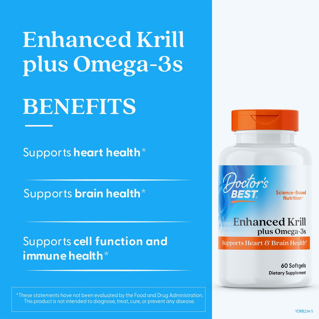 Doctor's Best Antarctic Krill Oil Plus Omega 3s - Krill Supplement for Men & Women, Enhanced with Fish Oil, Contains Omega-3 Fatty Acids, DHA & EPA, Supports Brain & Heart Health - 60 Ct Softgels