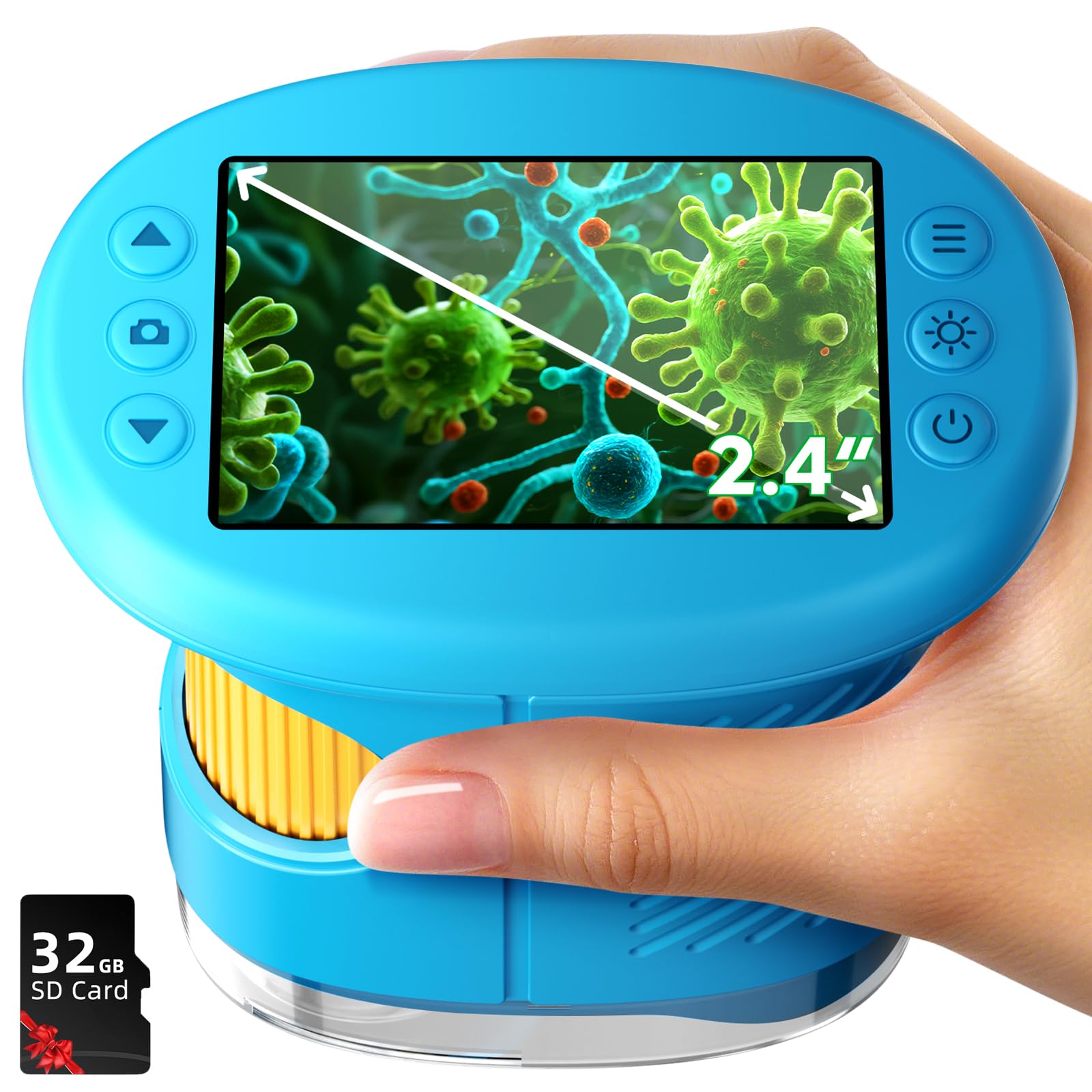 Odatay 4K 1000X Digital Microscope for Kids with 32G Card, Long Distance Viewing & 2.4" Screen Portable Handheld Edu Toys for Age 3-12 Exploring Bugs Plants at Home Classroom & Outdoor Travel, Blue