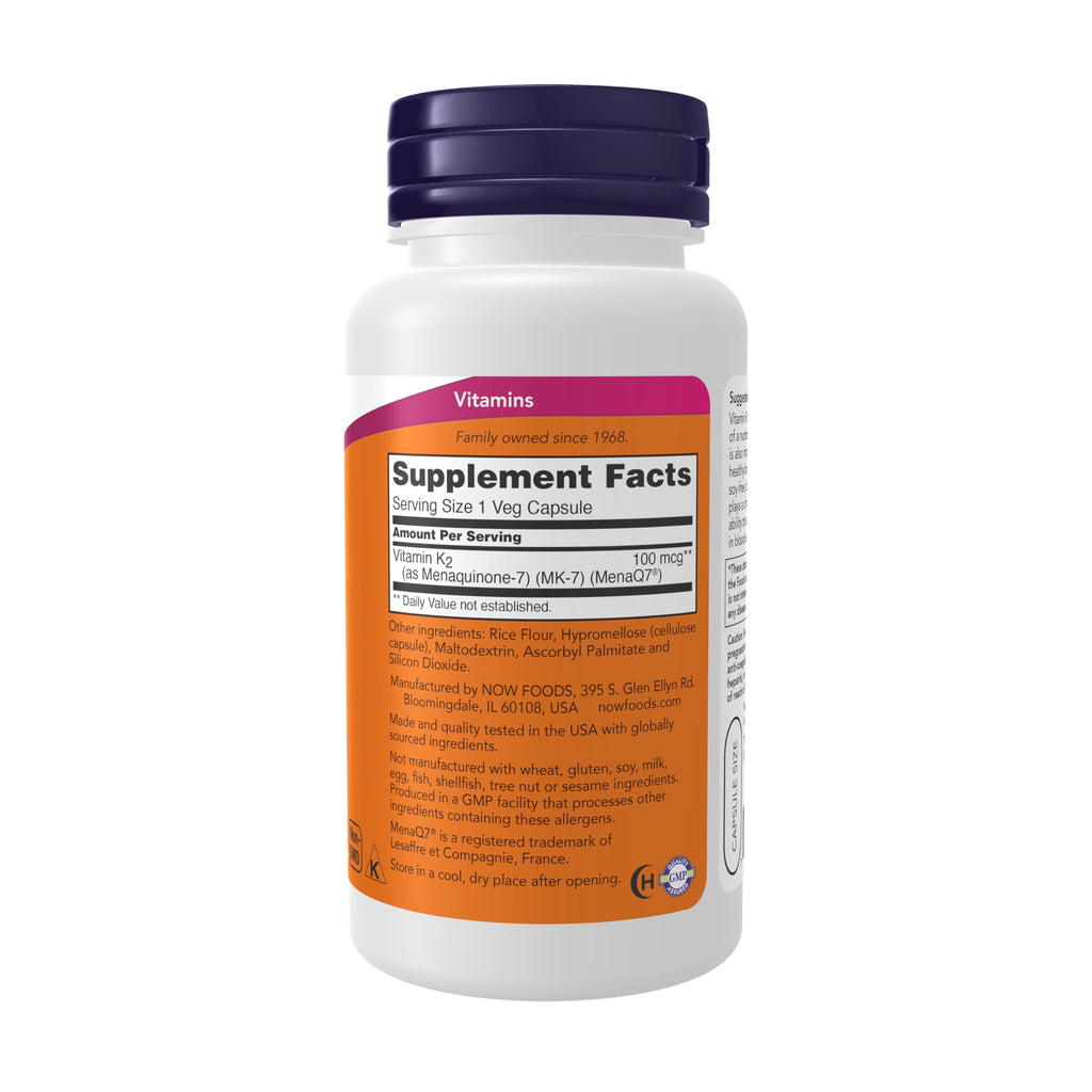 NOW Foods Supplements, MK-7 Vitamin K-2 100 mcg, Cardiovascular Support*, Supports Bone Health*, 120 Veg Capsules