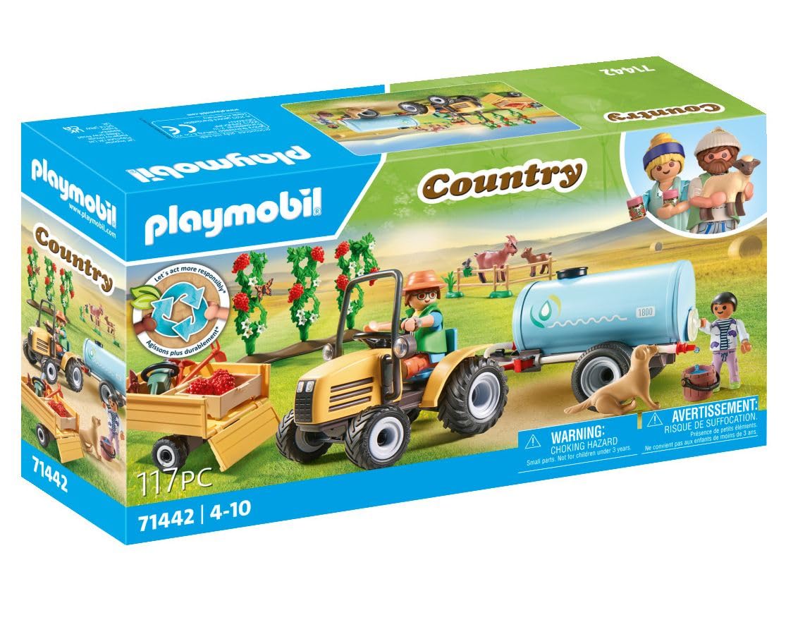 PLAYMOBIL Country 71442 Tractor with Trailer and Tank, Fresh Harvest on the Farm, Learning about the Environment, Imaginative and Fun Role Playing, Toys for Kids Ages 4 and Up
