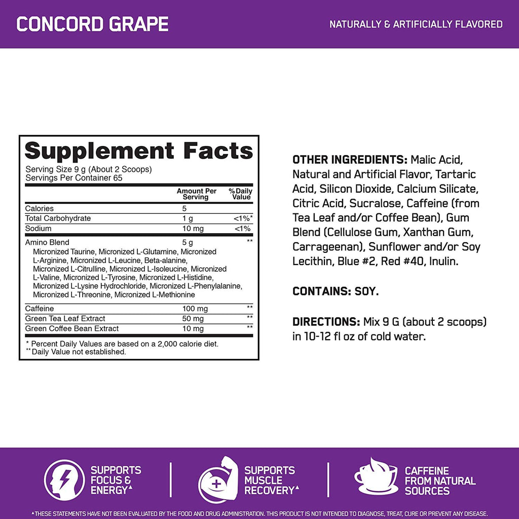 Optimum Nutrition Amino Energy Powder, Concord Grape, 20.6 Ounce, 65 Servings with Essential Amino Energy Plus Electrolyes Sparkling Drink, Grape, 12 Count - Bundle Pack