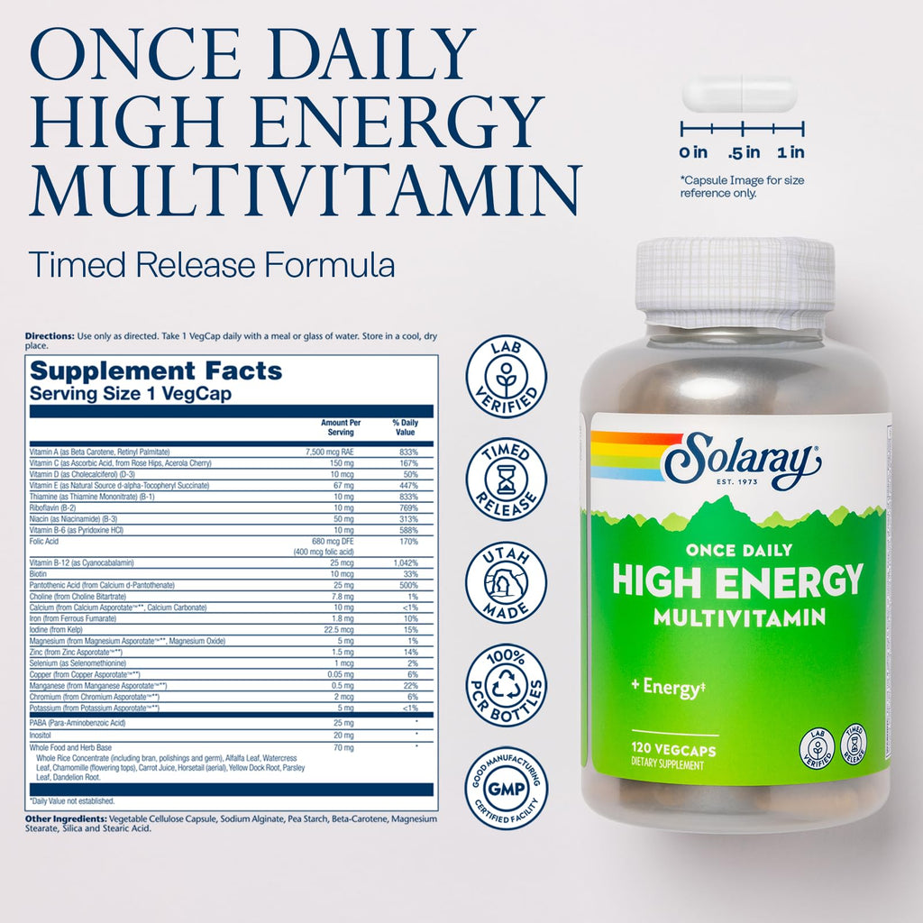 SOLARAY Once Daily High Energy Multivitamin, Timed Release Formula for Immune System and Energy Support, Whole Food and Herb Base, Mens and Womens Multi Vitamin, 120 Servings, 120 VegCaps
