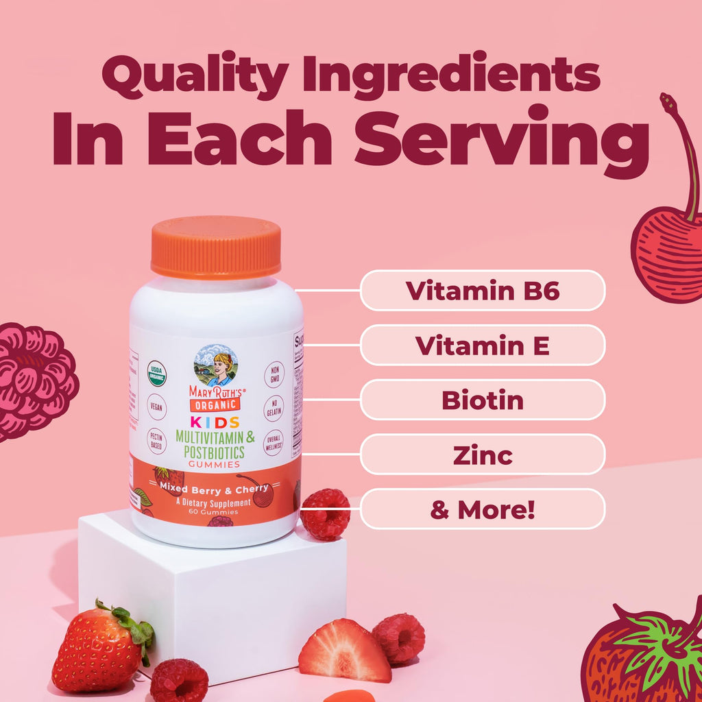 MARYRUTH'S USDA Organic Kids Multivitamin + Postbiotics Gummies, 60 Count