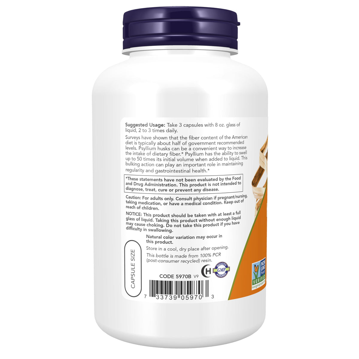 NOW Supplements, Psyllium Husk Caps 500mg, Intestinal Health*, 200 Veg Caps