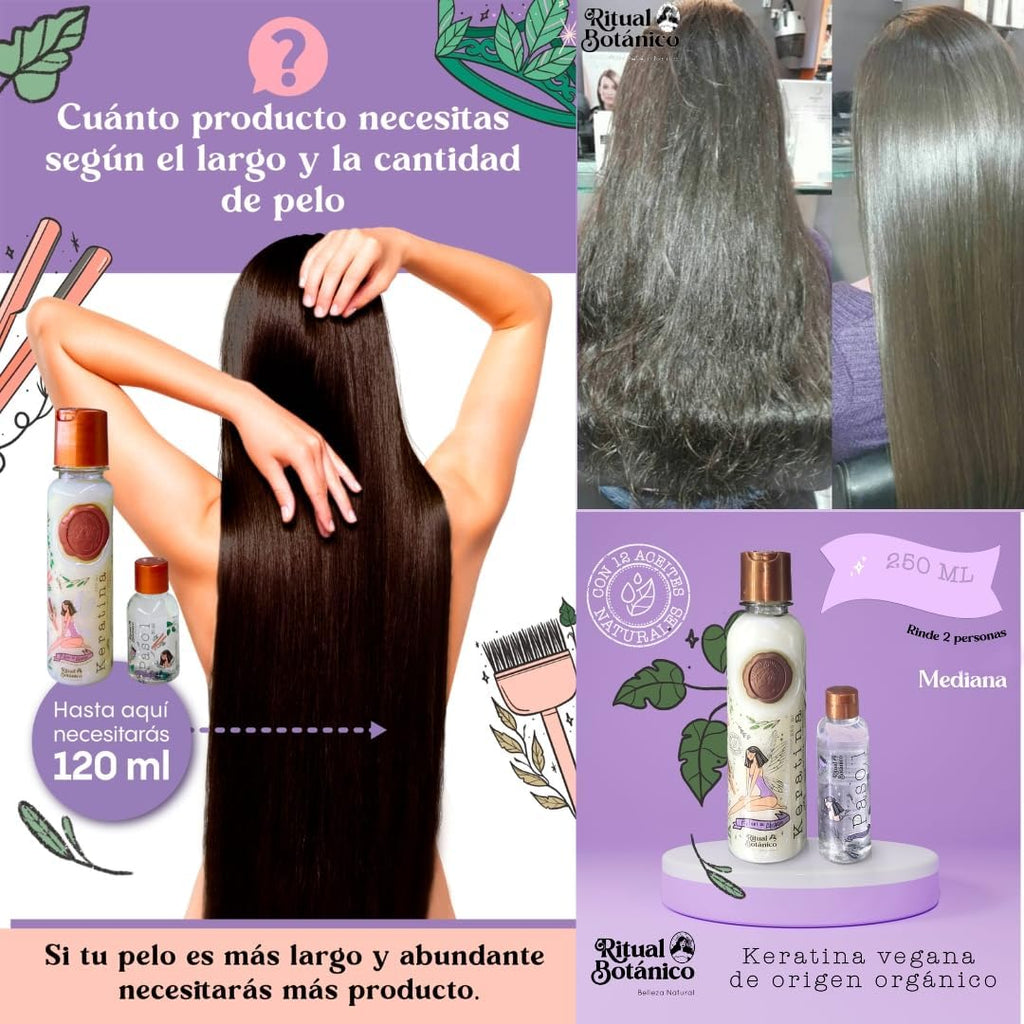 Keratina Ritual Botanico 250ML & Termo Protector 120ML Incluye Cepillo Aplicador & Manual de Instrucciones | Alisado Progresivo Organico Vegano Sin formol ni Amoniaco | Producto Colombiano