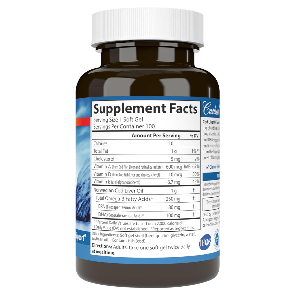 Carlson Cod Liver Oil Gems, Super 1000 mg, 250 mg Omega-3s, 100 Softgels
