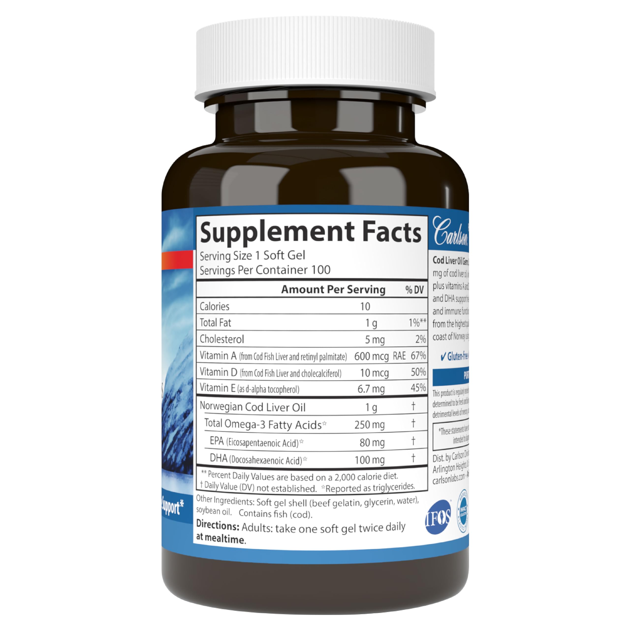 Carlson Cod Liver Oil Gems, Super 1000 mg, 250 mg Omega-3s, 100 Softgels