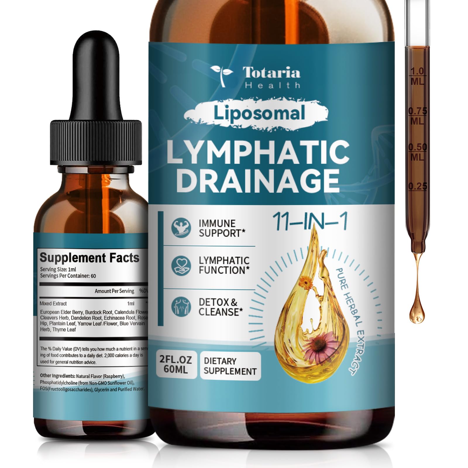 Liposomal Lymphatic Drainage Drops - 11 In 1 Organic Lymphatic Drainage Supplement with Burdock Root, Echinacea, Elderberry, Calendula, Cleavers Herb, Dandelion Supports Lymphatic Health 2 FL.OZ