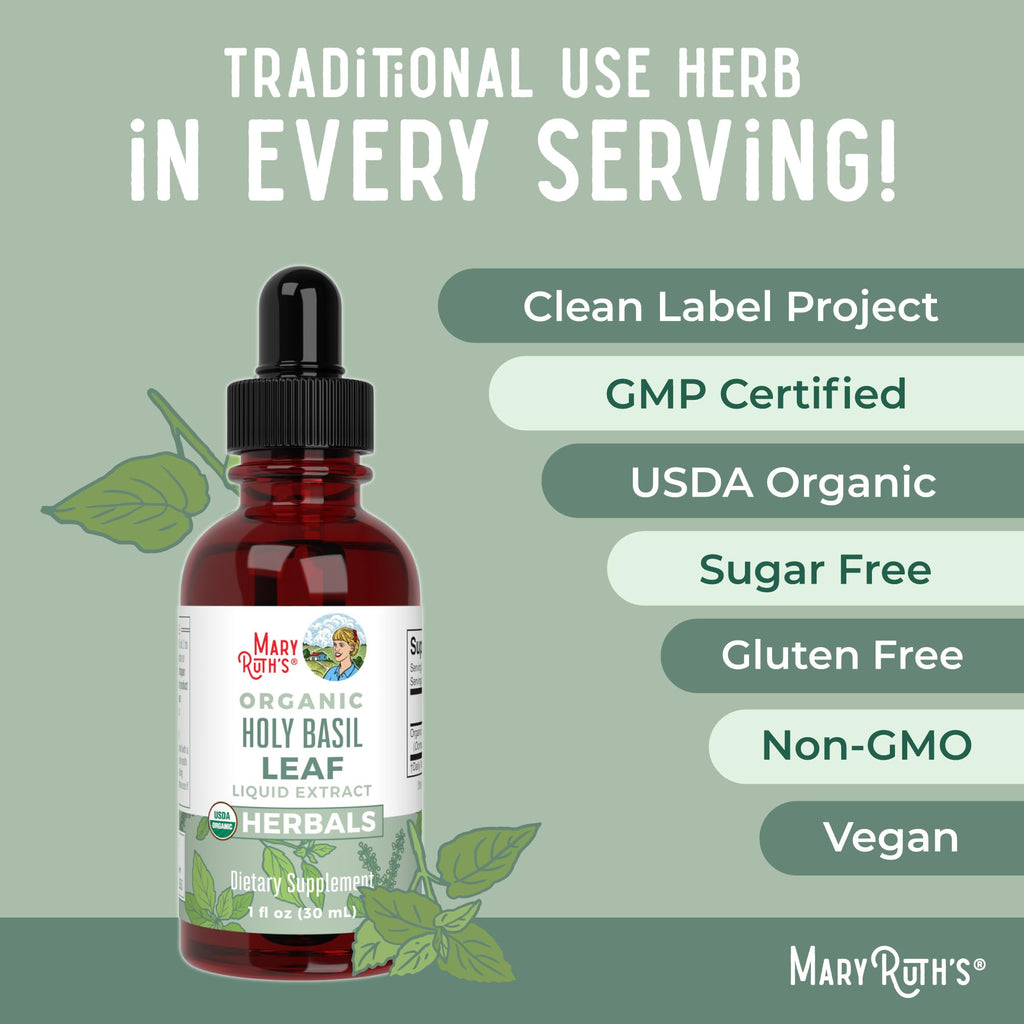 MARYRUTH'S Organic Holy Basil Leaf Liquid Drops, Vegan, Non-GMO, 1oz