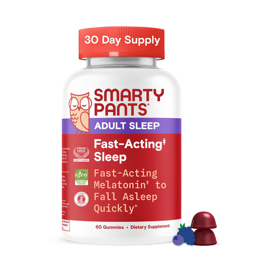 SmartyPants Adult Fast-Acting Sleep Gummies w/Melatonin, Magnesium, L-Theanine, Drug-Free, Gluten Free, Clean Label, Non-Habit Forming Sleep Aid, Blueberry BlackBerry Flavor, 60 Count (30 Day Supply)