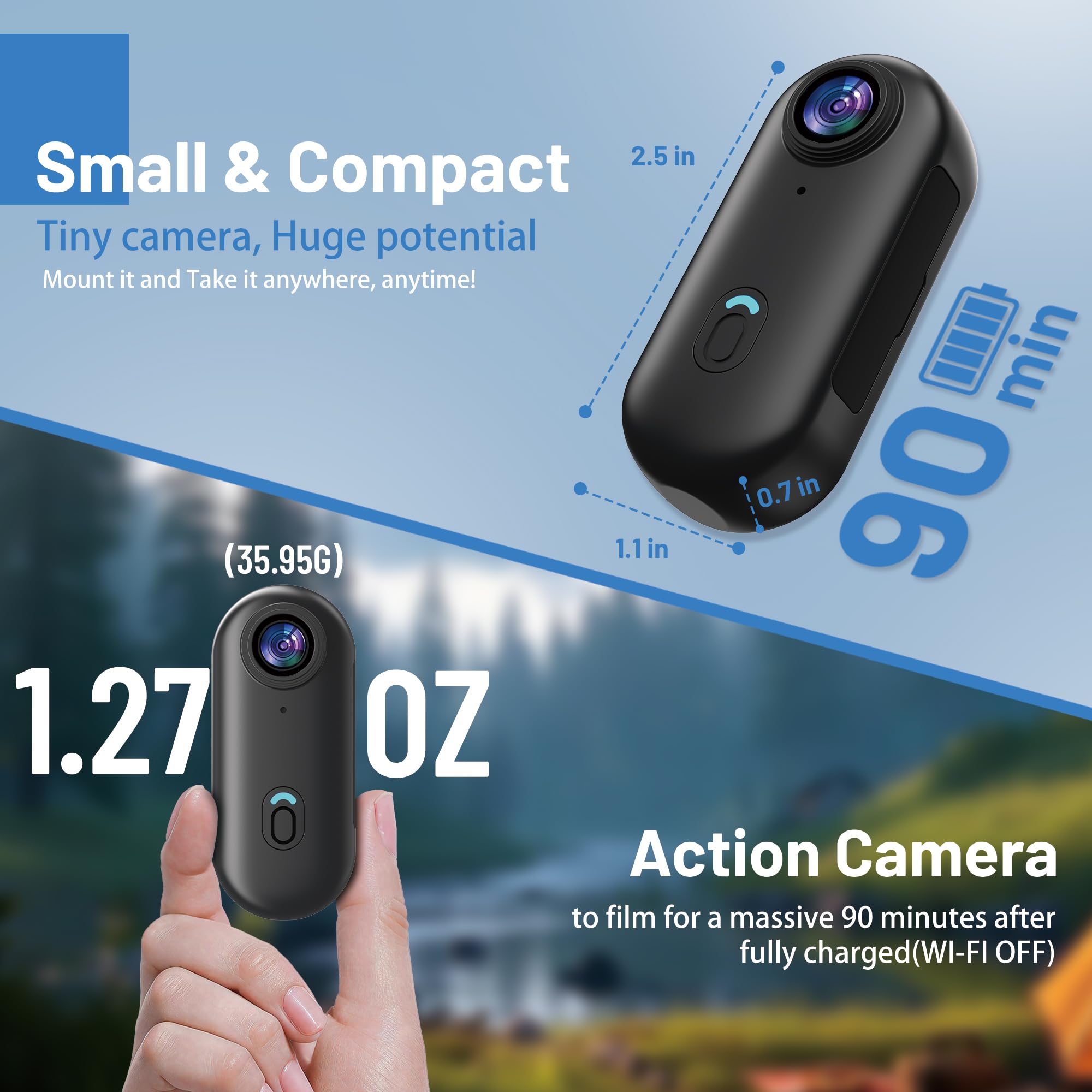 4K Mini WiFi Action Camera 128GB Thumb POV Portable Body Cam Wearable Video Recorder with IPX7 Waterproof Underwater Camcorder, Helmet Mount, Magnetic Sport DV for Bike Cycling, Pet, Vlogging(Black)