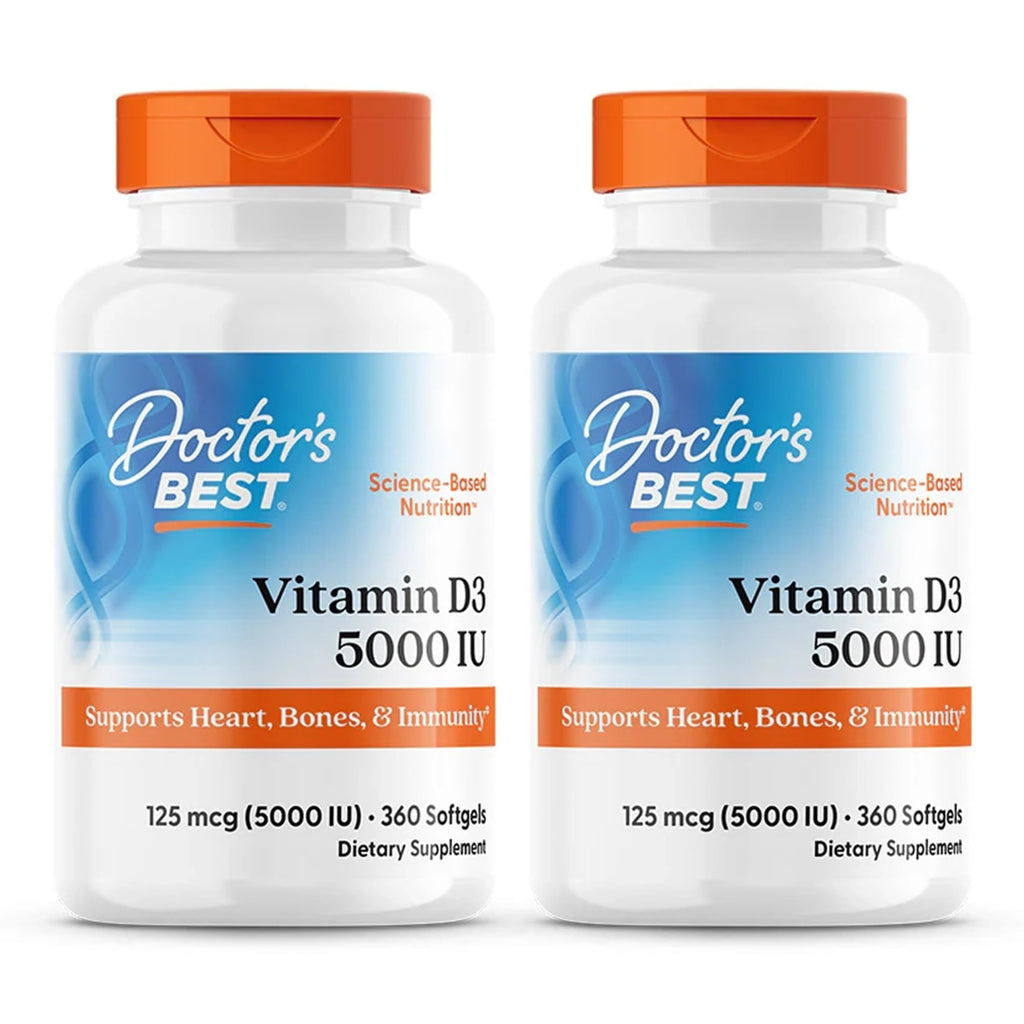 Doctor's Best Vitamin D3 5000 IU Softgels for Men & Women - Vitamin D Supplement for Immune System & Heart Health Support, 125 mcg per Serving, Vit D 3, Gluten Free, Soy Free - 360 Softgels (2 Pack)