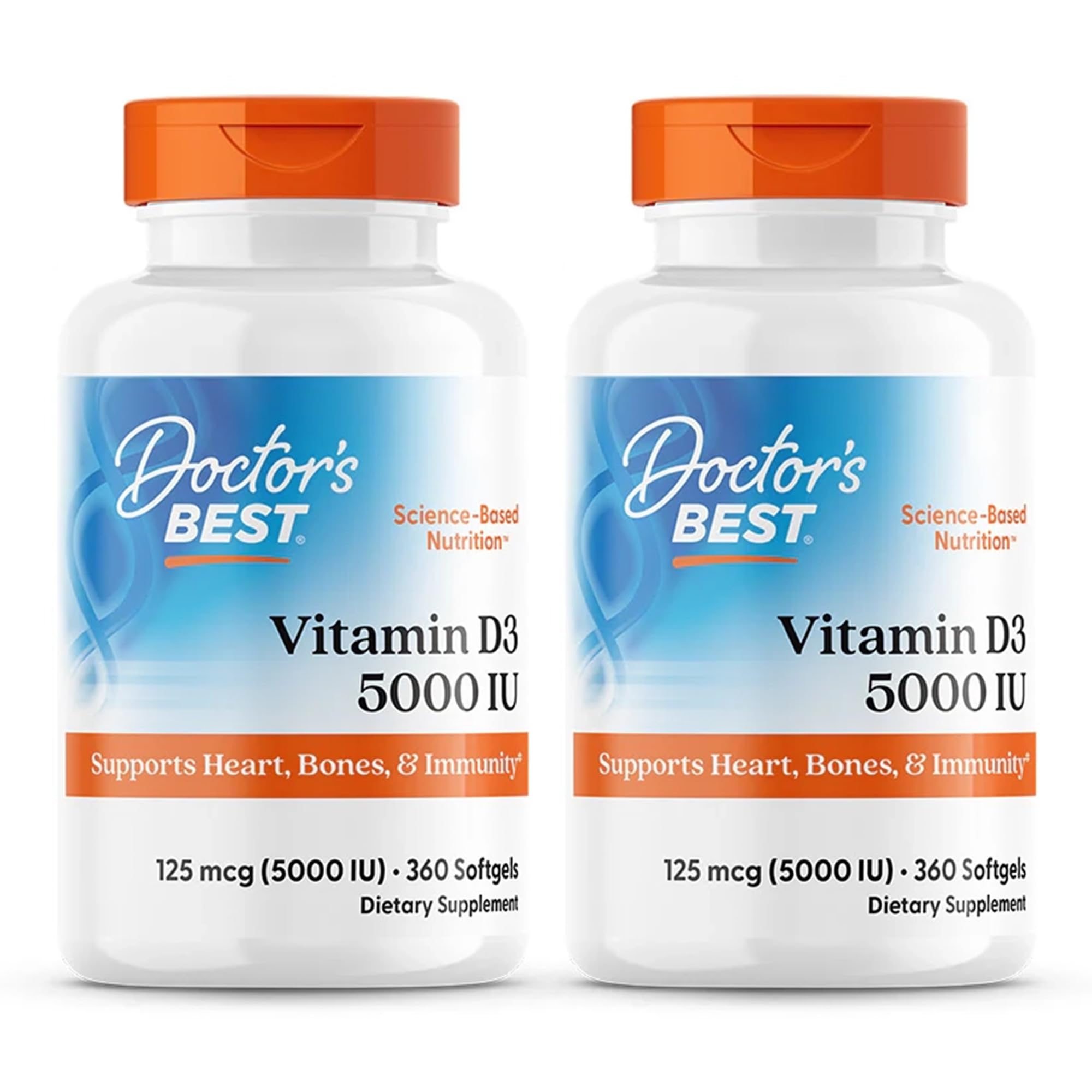 Doctor's Best Vitamin D3 5000 IU Softgels for Men & Women - Vitamin D Supplement for Immune System & Heart Health Support, 125 mcg per Serving, Vit D 3, Gluten Free, Soy Free - 360 Softgels (2 Pack)