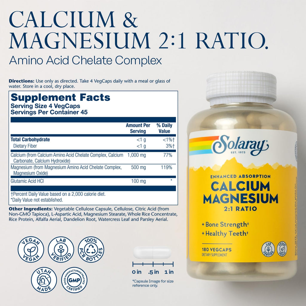 SOLARAY Calcium Magnesium 2 to 1 Ratio, 180 VegCaps