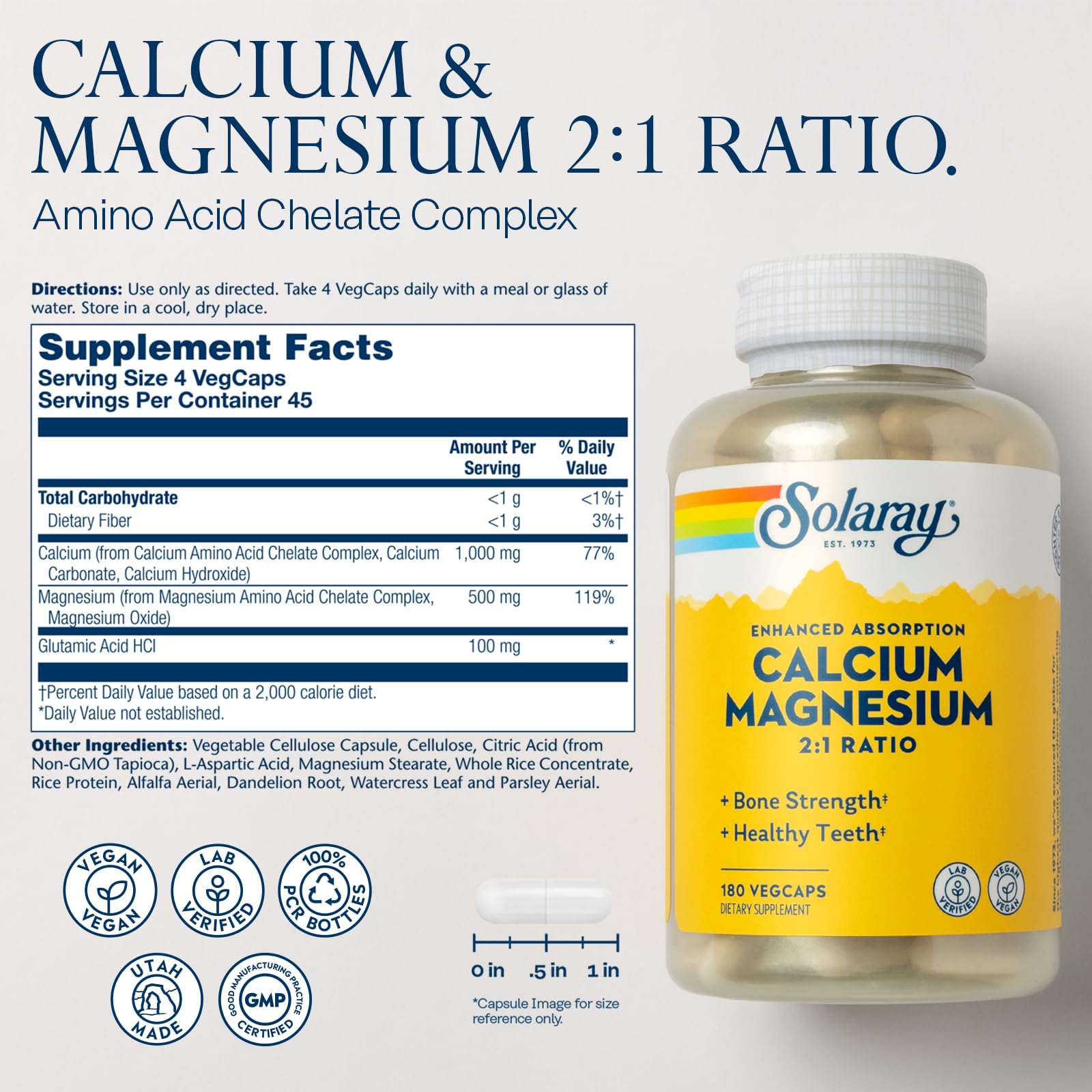 SOLARAY Calcium Magnesium 2 to 1 Ratio, 180 VegCaps
