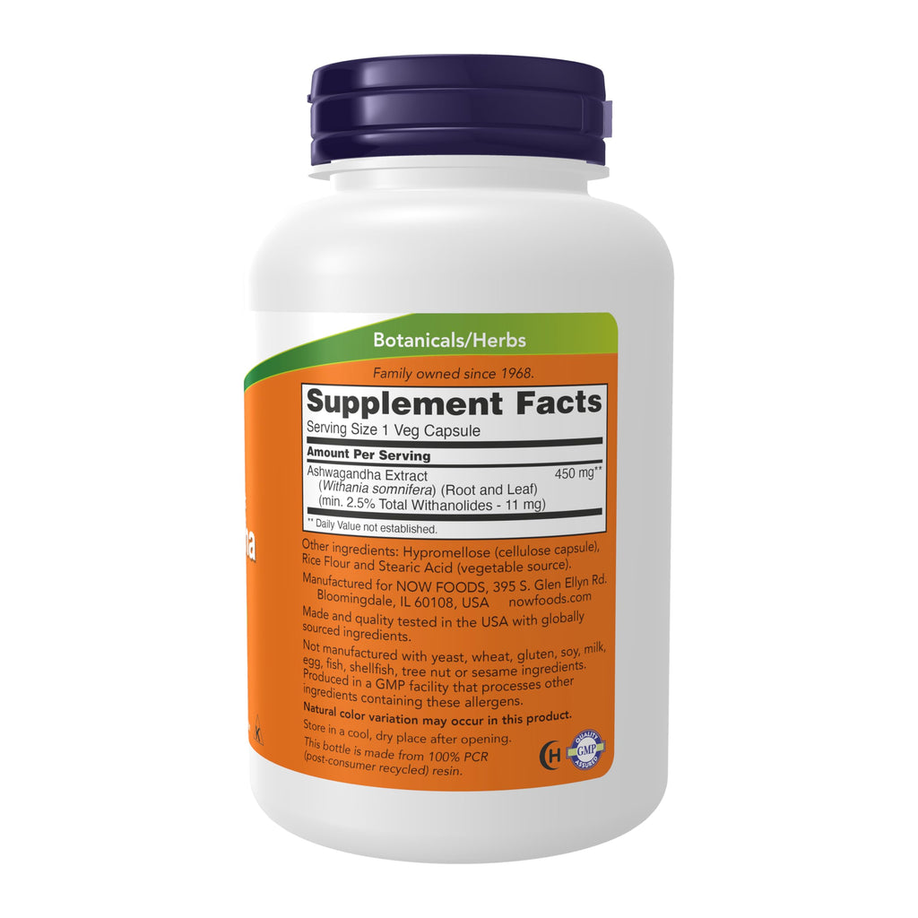 NOW Supplements, Ashwagandha 450 mg (Standardized Extract), 180 Veg Caps