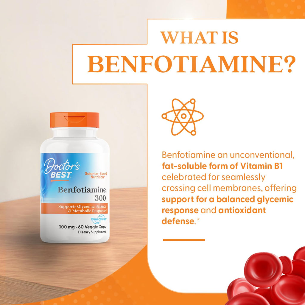 Doctor's Best Benfotiamine 300mg Supplement - Bioavailable Vitamin B1 for Men & Women, Benfotiamine B1 Capsules, Supports Nerve & Metabolic Health, Antioxidant Support, Non GMO, Vegan - 60 Veggie Caps
