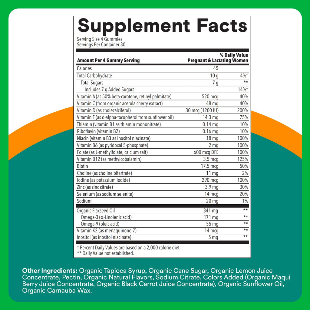 SmartyPants Organic Prenatal Vitamins for Women,Multivitamin Gummies: Biotin,Methylfolate,Omega 3 (ALA),Vitamin D3,C,Vitamin B12,B6,A,K2 & Zinc,Choline,Vegetarian,(30 Day Supply),120 Count(Pack of 2)