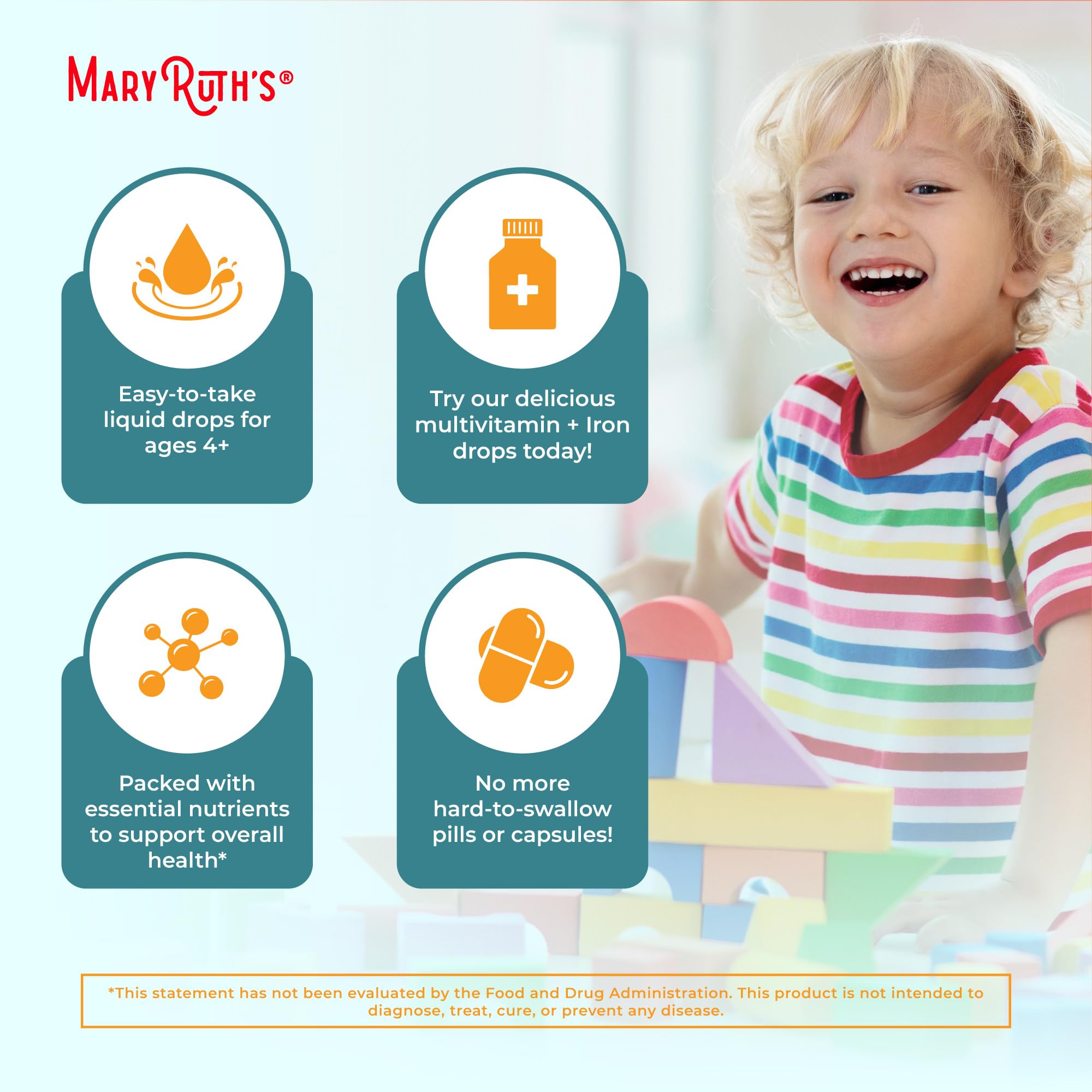MARYRUTH'S Organic Toddler Multivitamin Drops with Iron, Vegan, 30 Servings