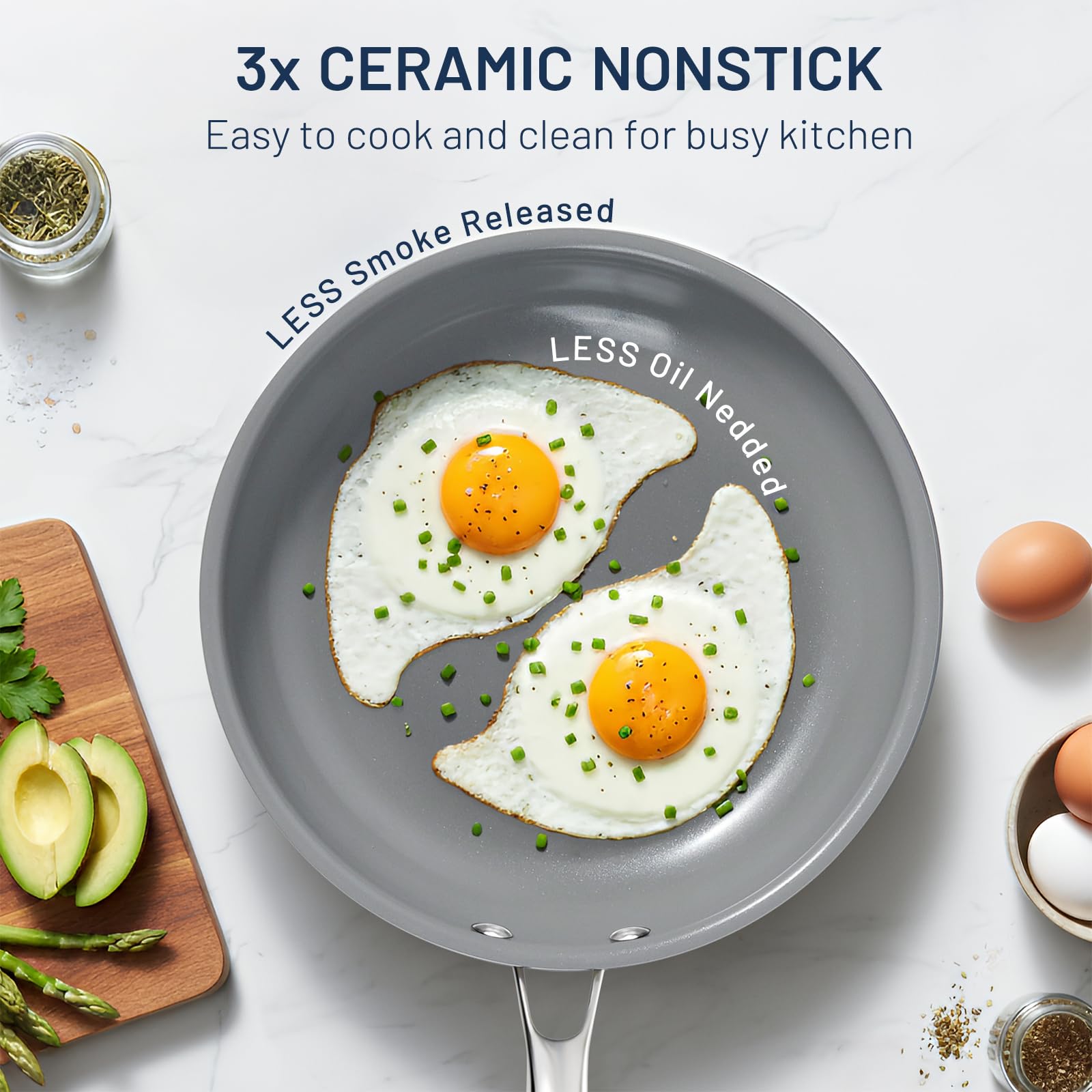 Kikcoin Ceramic Nonstick Frying Pans Set, 3 Piece Skillets (8"+9.5"+11")