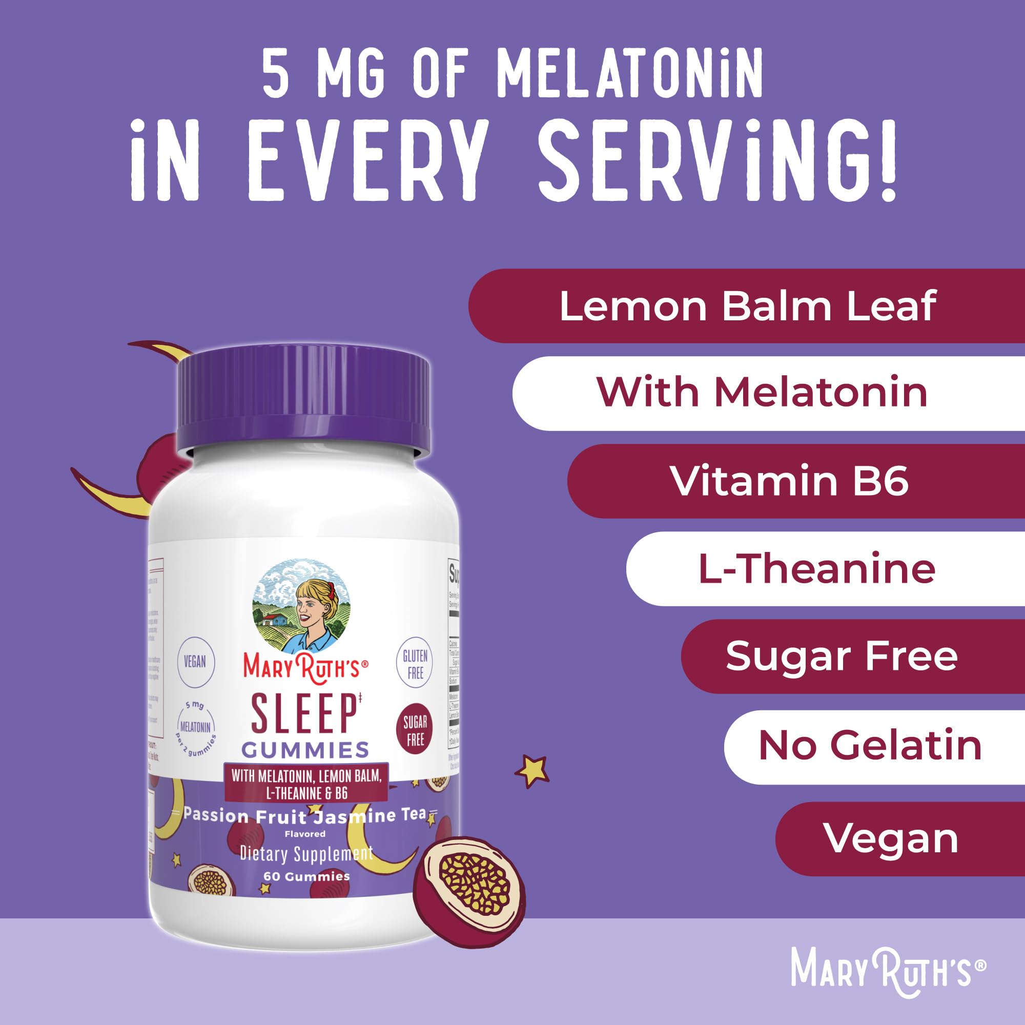 MARYRUTH'S Melatonin 5mg Sleep Gummy with L-Theanine, Lemon Balm, 60 Count