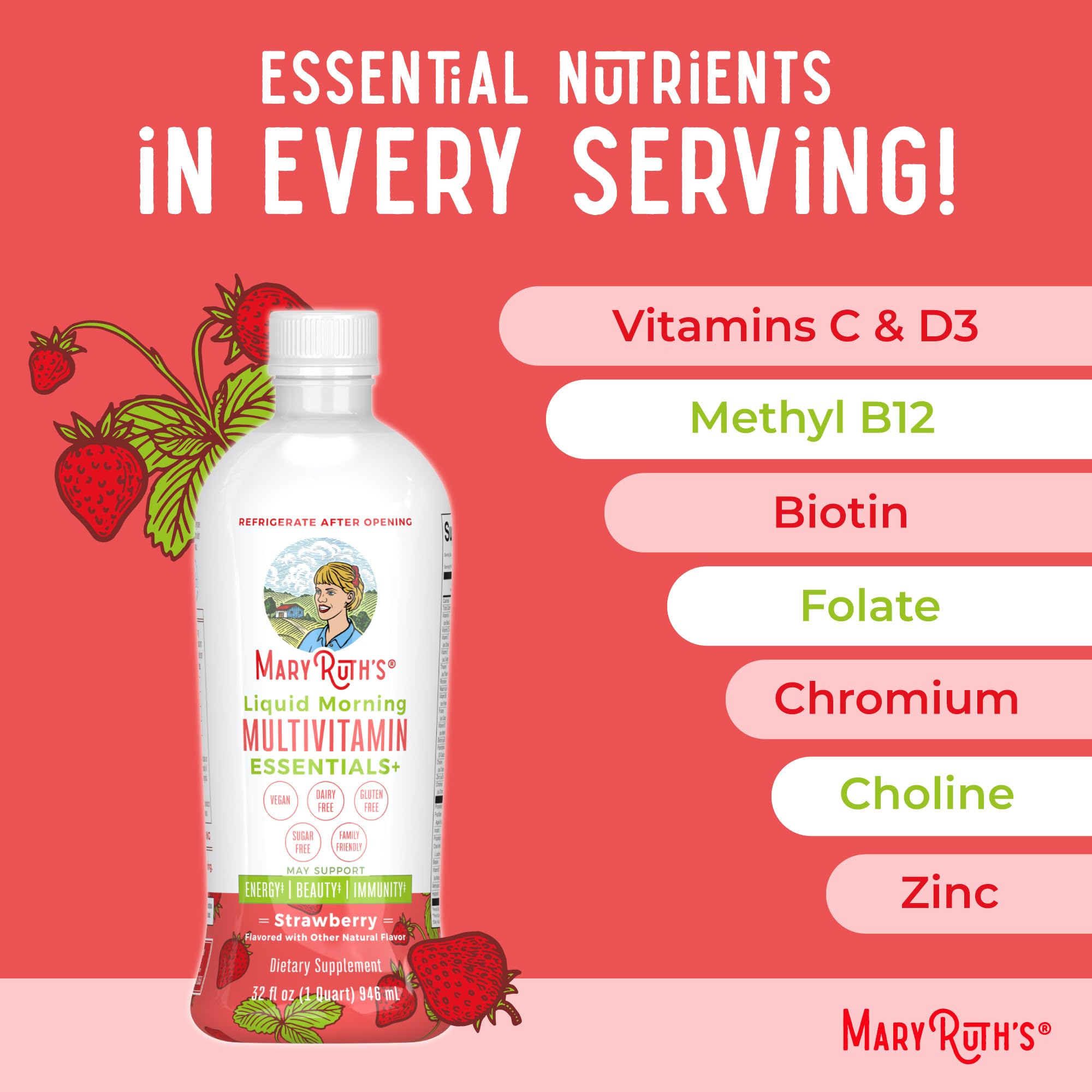 MaryRuth's Liquid Morning Multivitamin Essentials+, 2 Flavors, Vegan, 32oz