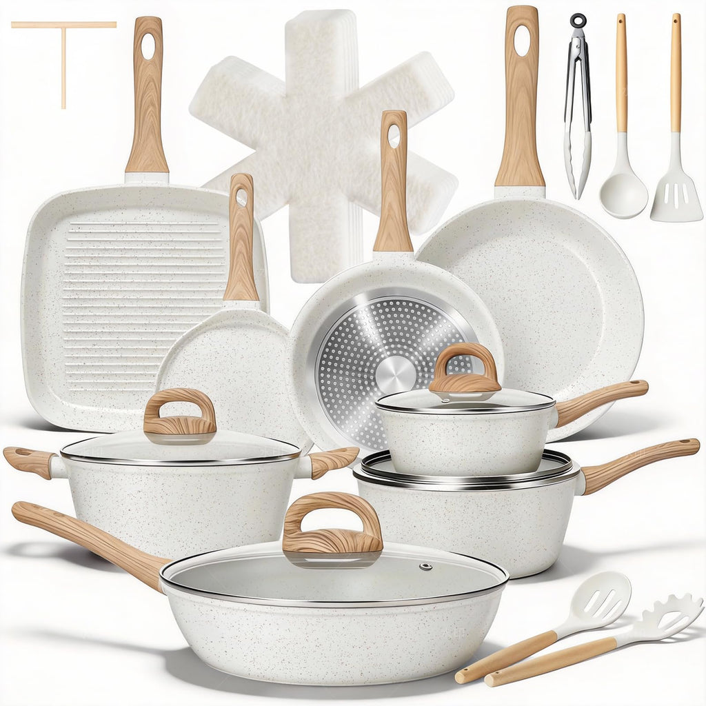 EWFEN 25 Pcs Pots and Pans Set, Nonstick Ceramic Cookware Sets, Healthy Non-Toxic, Large Capacity, Induction Compatible, Cooking Set with Frying Pans & Saucepans, PFAS/PTFE/PFOA Free, Cream White