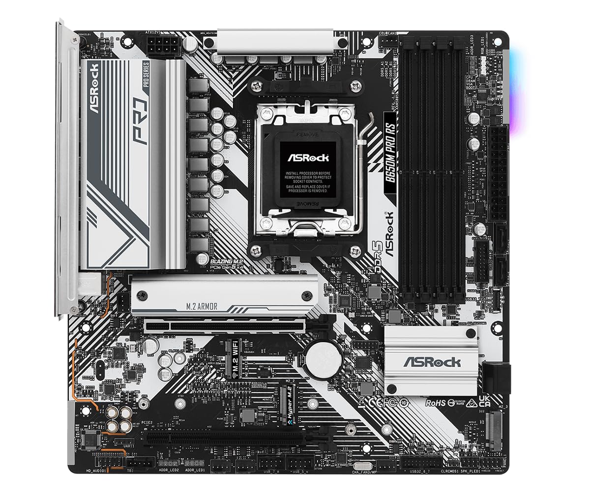 Asrock B650M Pro RS AMD Socket AM5 Ryzen 7000/8000/9000 Series DDR5 7200+ (OC) MHz 256GB M.2 Key E for WiFi SATA3 6.0 Gb/s Micro ATX Motherboard 2.5G LAN BIOS Flashback