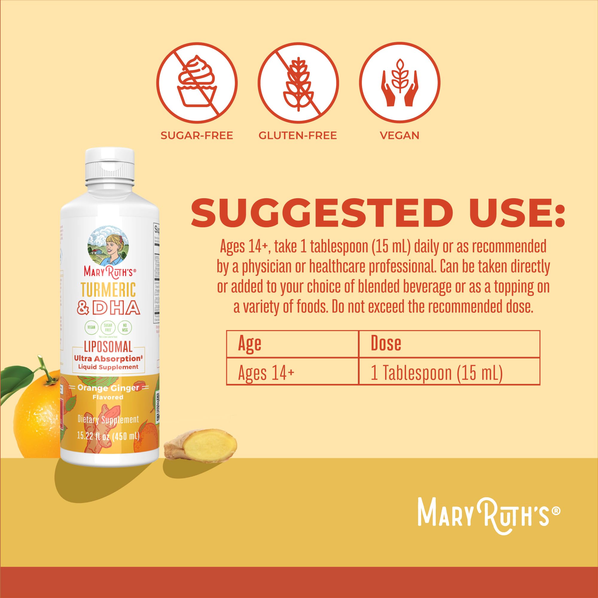 MaryRuth's Turmeric & DHA Liposomal Liquid, Ultra Absorption, 15.22 oz