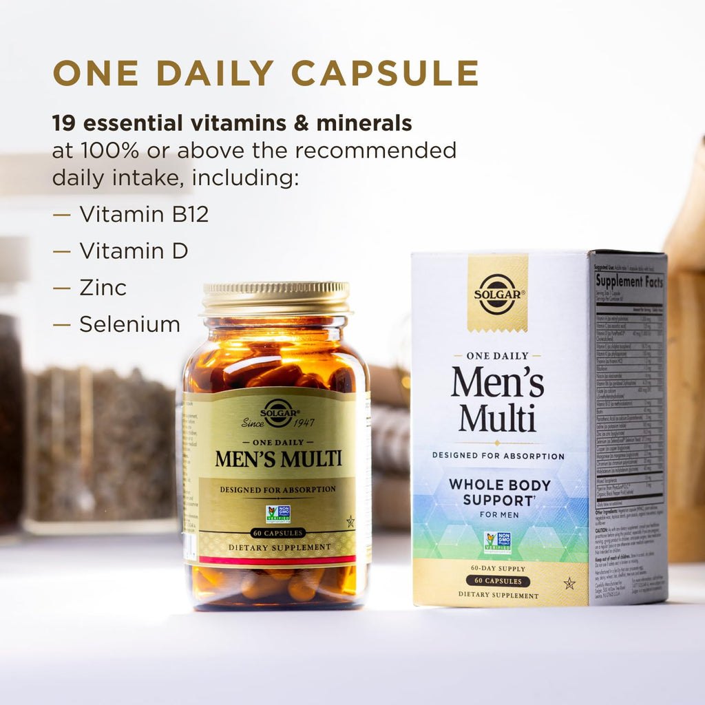 Solgar One Daily Men's Multivitamin Whole Body Support Supplement, Highly Absorbable Delayed Release One Daily Multi Vitamin Capsules for Men - Immune Heart Energy Stress & Muscle Health, 60 Servings